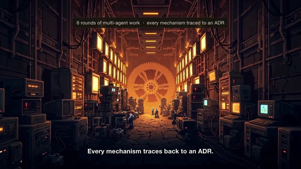 Film still: a hall of glowing machines around a giant gear, captioned 'every mechanism traced to an ADR'