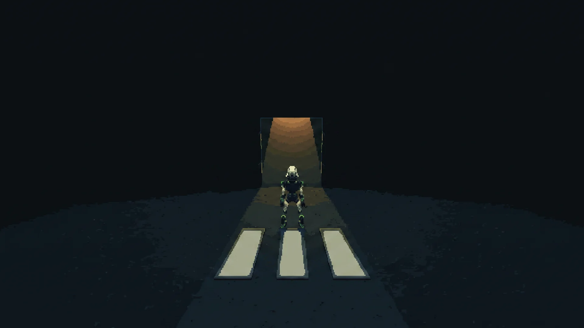 A lone pixel-art agent in a lit doorway, three blank slabs on the ground in front of it