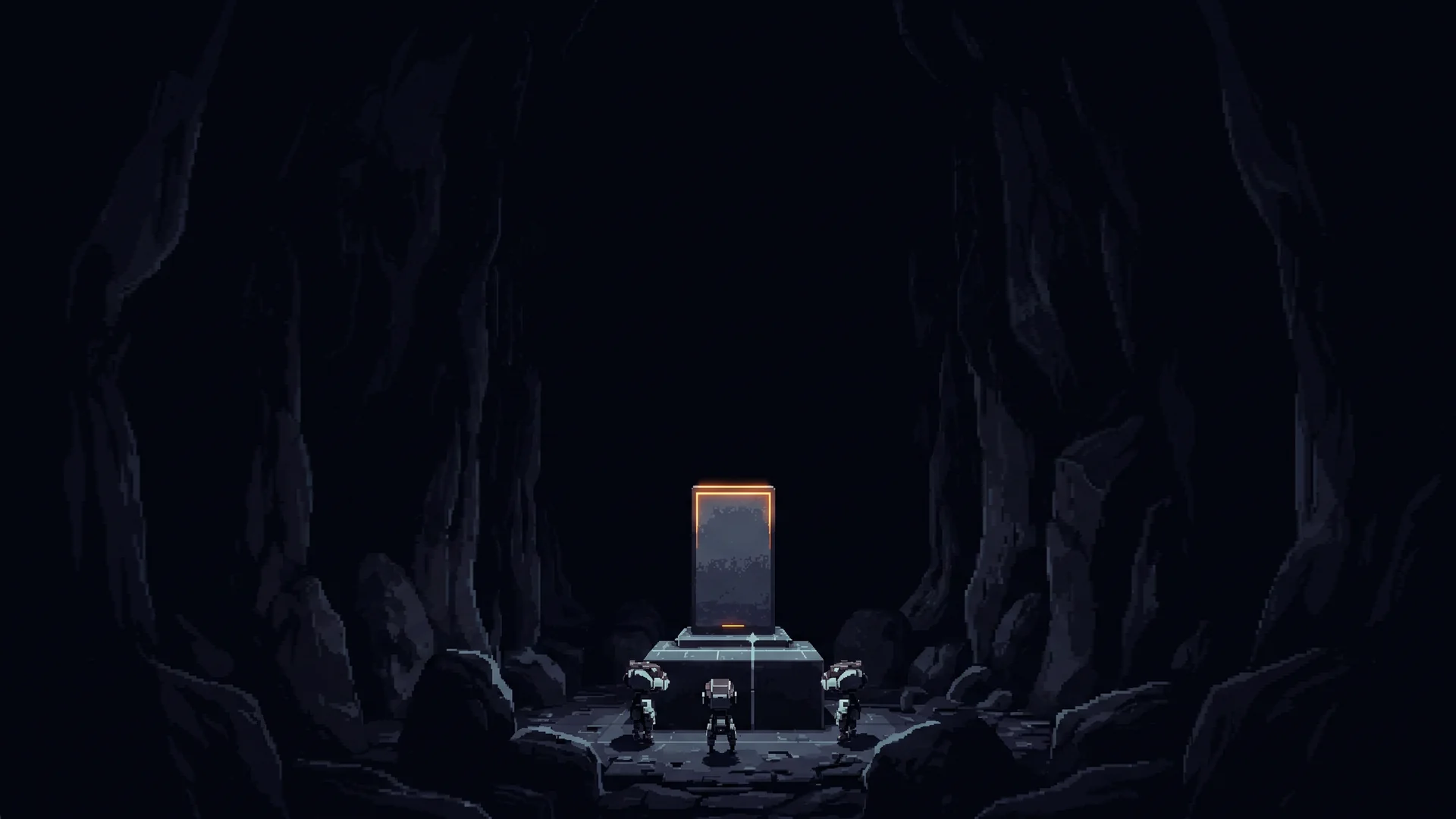 Three pixel-art agents standing before a single lit monolith in a dark cavern