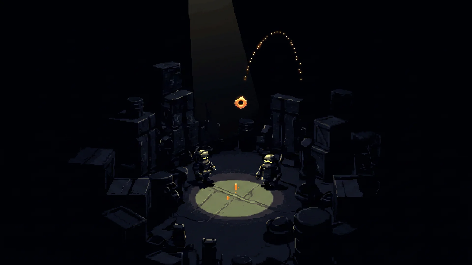 Two pixel-art agents passing a glowing object between shifts